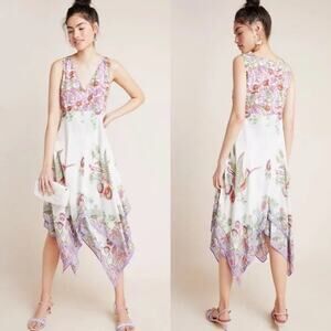 Anthropologie Analise Floral Midi Dress 2 Handkerchief Hem Boho Flowy V Neck